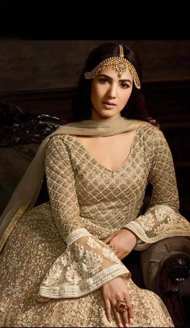 Beige Color Net Designer Style Wedding Wear Salwar Kameez -637679774