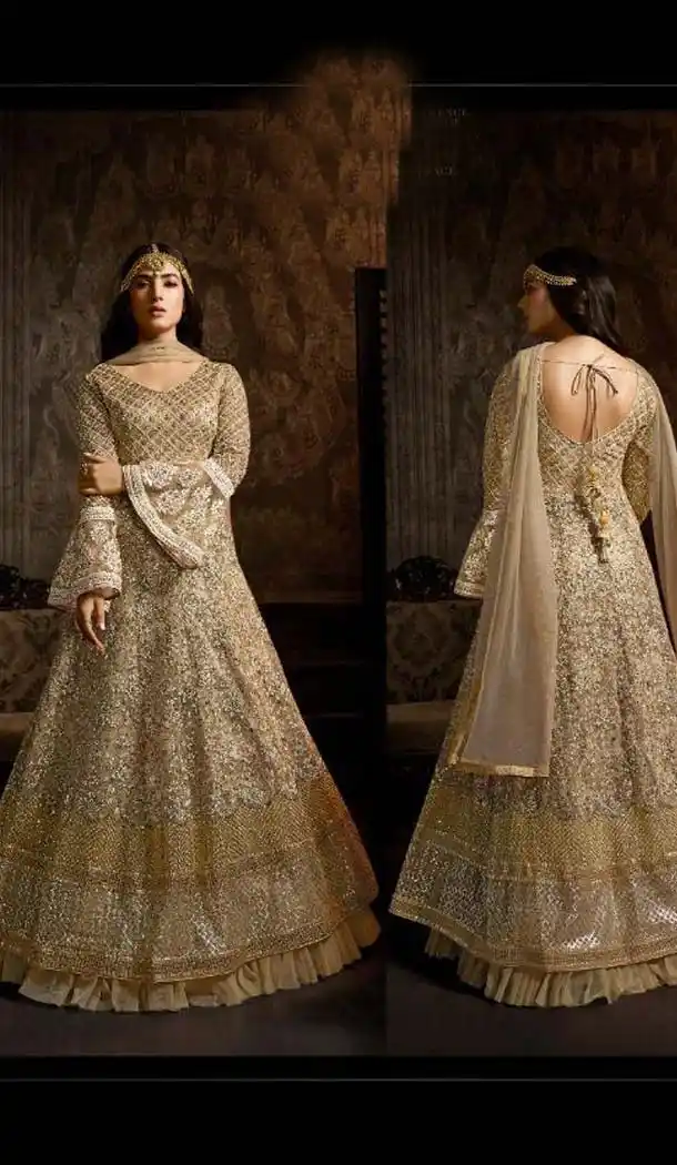Beige Color Net Designer Style Wedding Wear Salwar Kameez -637679774