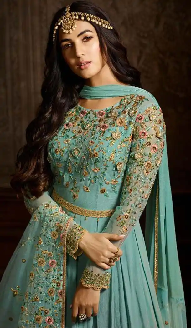 Firozi Color Georgette Designer Style Wedding Wear Salwar Kameez -637679776