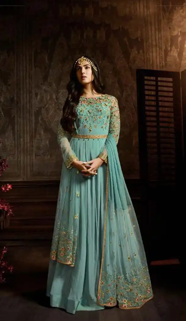 Firozi Color Georgette Designer Style Wedding Wear Salwar Kameez -637679776