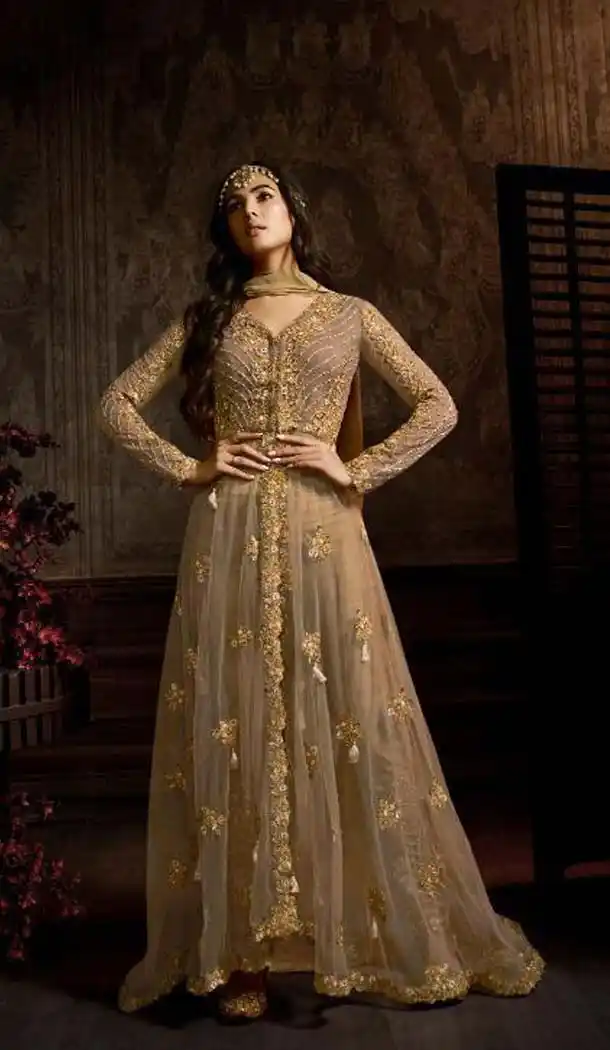 Beige Color Net Designer Style Wedding Wear Salwar Kameez -637679777
