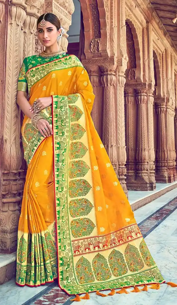 Adorable Yellow Color Silk Designer Wear Wedding Wear Saree Blouse -638079803
