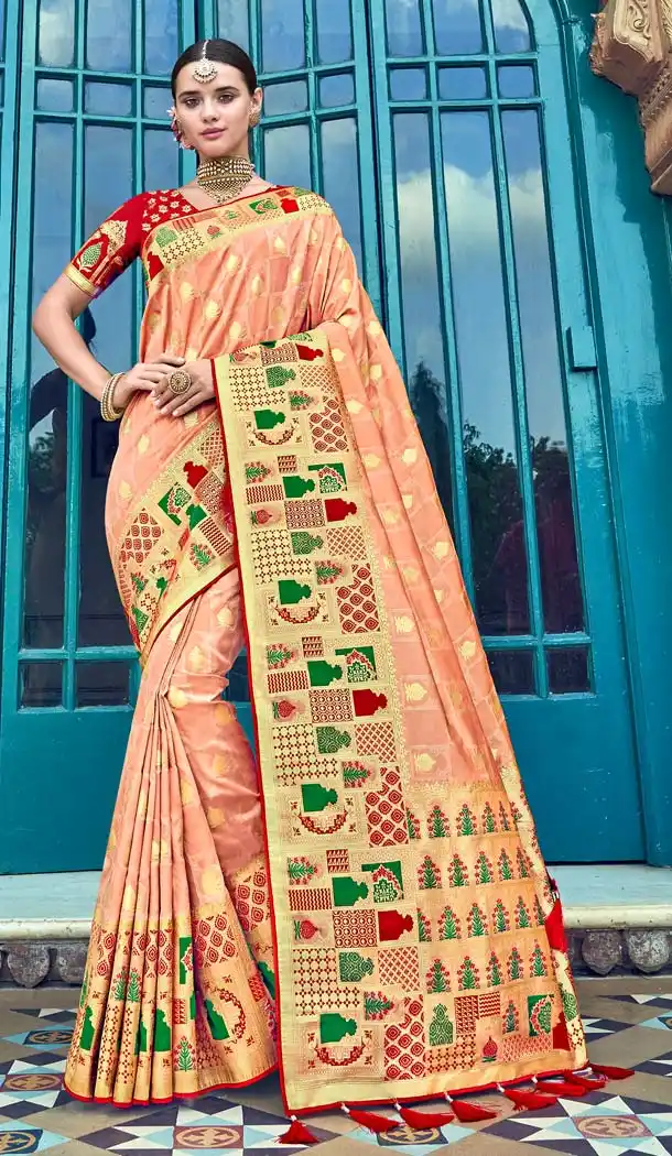 Alluring Cream Color Silk Designer Wear Wedding Wear Saree Blouse -638079813