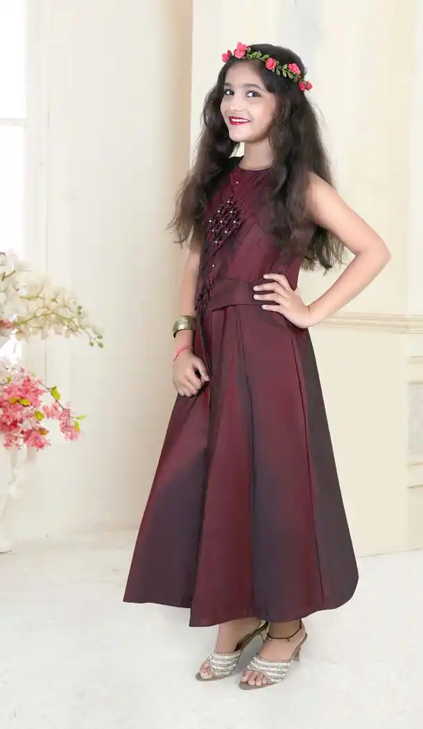 Maroon Color Taffeta Satin Party Readymade kid Girl Gown -638179822