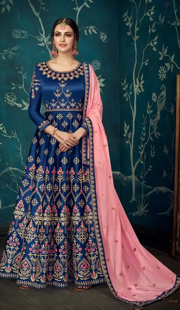 Navy Blue Pure Sartin Silk Party Long Anarkali Salwar Kaneez -638679889