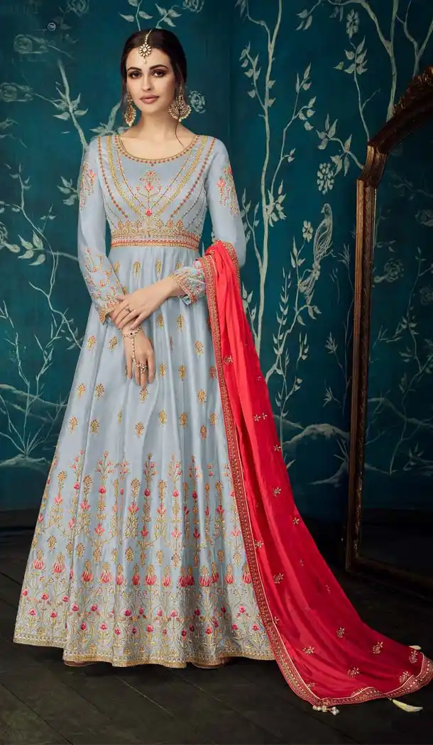 Grey Pure Sartin Silk Party Long Anarkali Salwar Kaneez -638679890