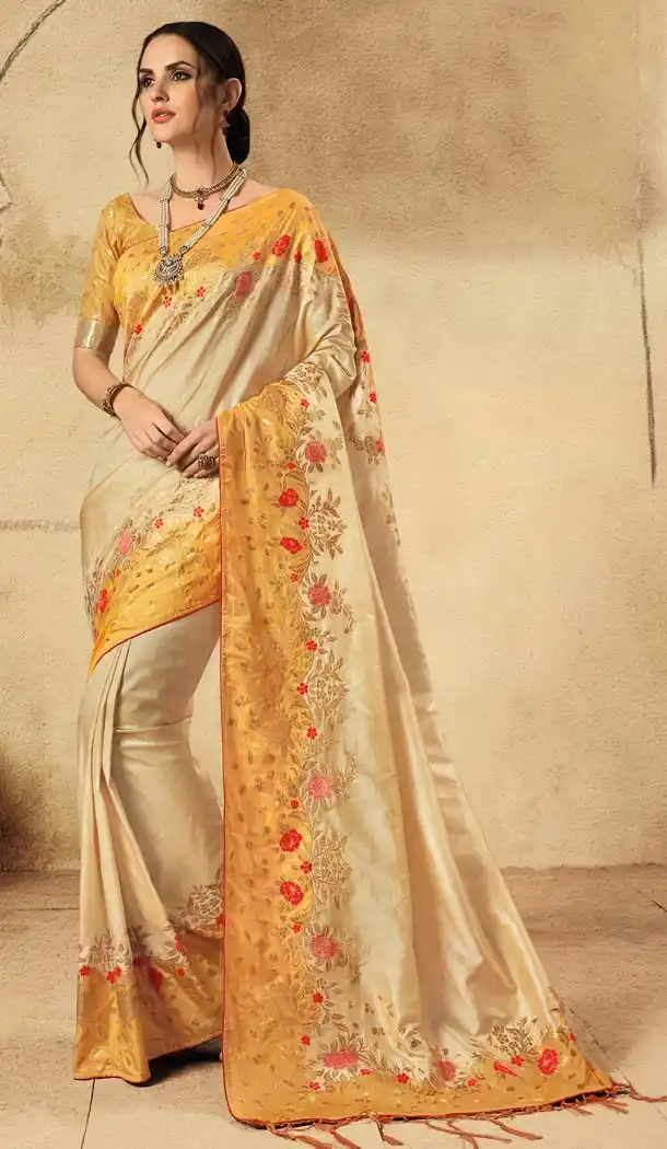 Unique Beige Color Banarasi Silk Designer Wear Wedding Saree -639279924
