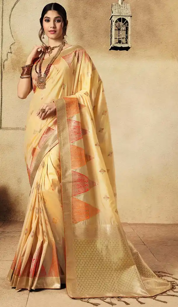 Traditional Cream Color Banarasi Silk Designer Wear Wedding Saree -639279927