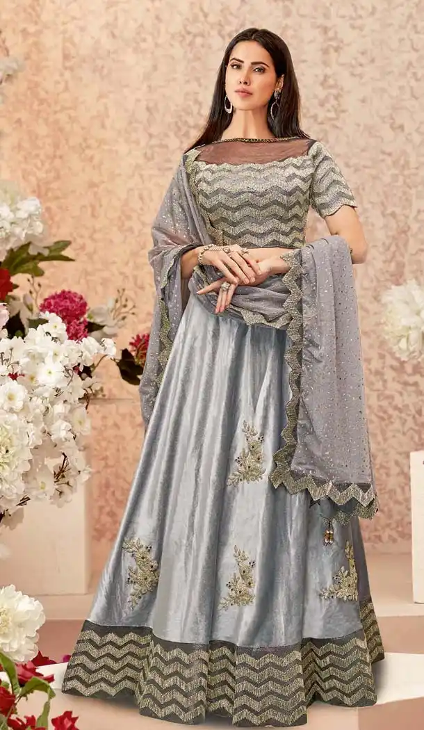 Magnificient Grey Color Velvet Designer Fancy Lehenga Choli -640880097