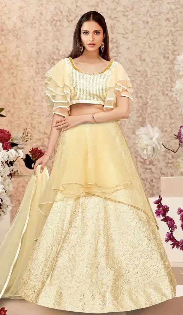 Cream Color Jacquard Silk Designer Fancy Lehenga Choli -640880103