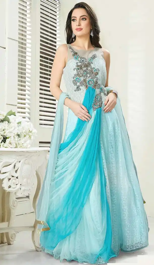 Sky Blue Color Net Georgette Designer Readymade Salwar Kameez -641280135