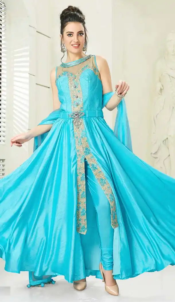 Stunning Firozi Color Silk Designer Readymade Salwar Kameez -641280136