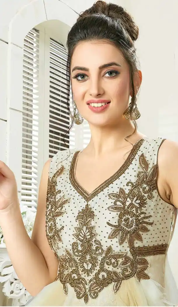 Gold Color Net Georgette Designer Readymade Salwar Kameez -641280143