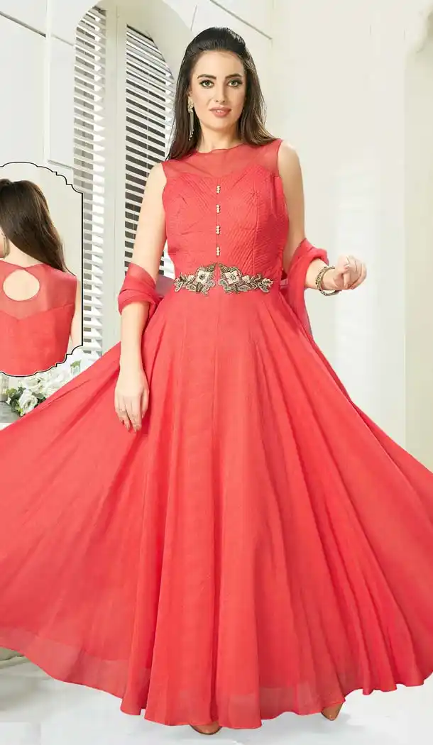 Tomato Red Color Georgette Designer Readymade Salwar Kameez -641280156