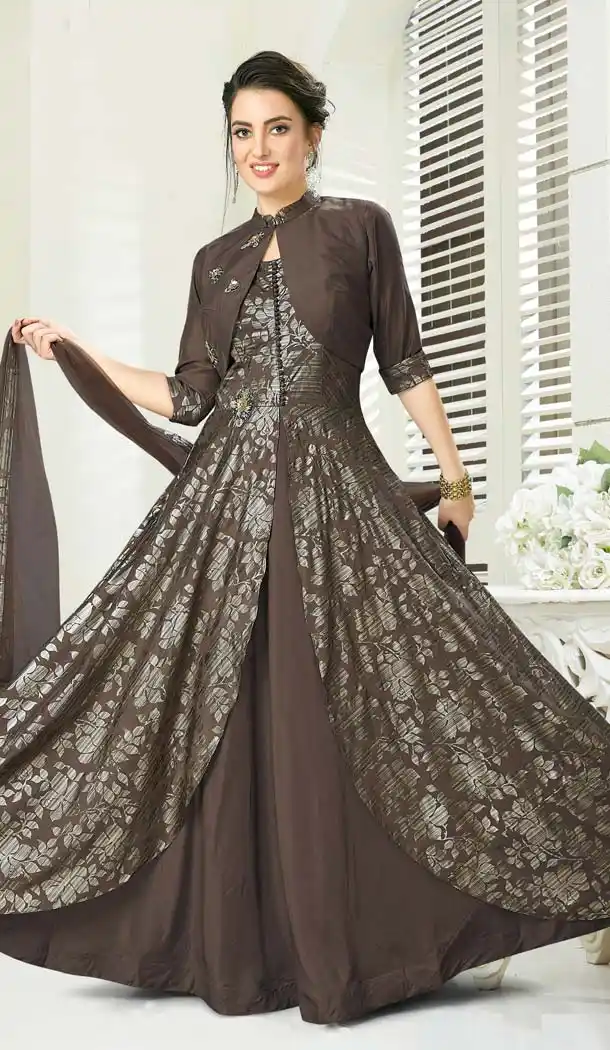 Coffee Color Jacquard Designer Readymade Salwar Kameez -641280161