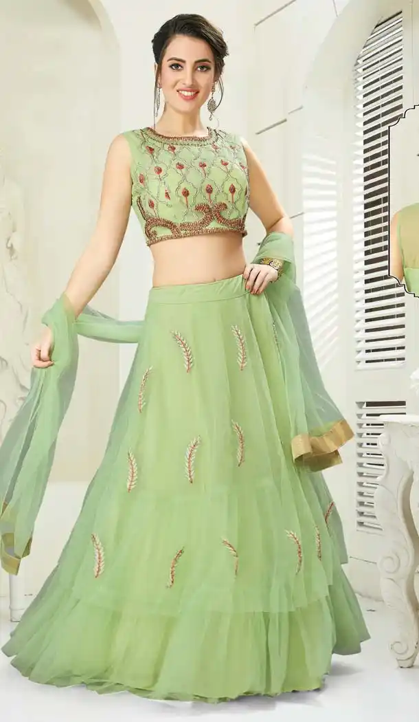 Pista Green Color Net Silk Designer Readymade Lehenga Choli -641280165