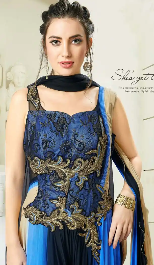 Blue Black Color Net Chanderi Designer Readymade Salwar Kameez -641380169