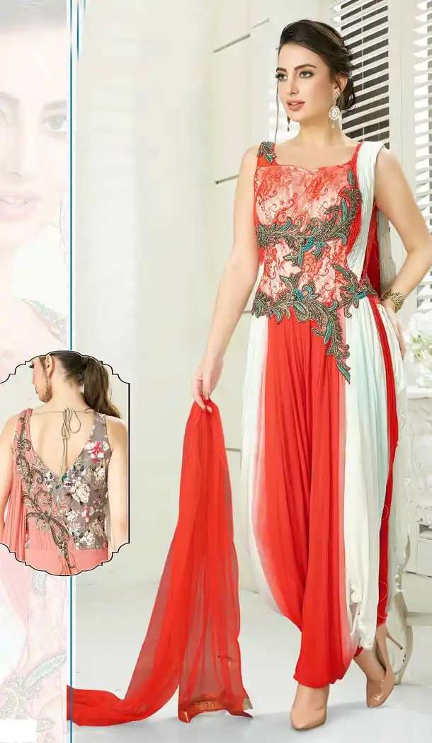 Off White Orange Color Silk Designer Readymade Salwar Kameez -641380171