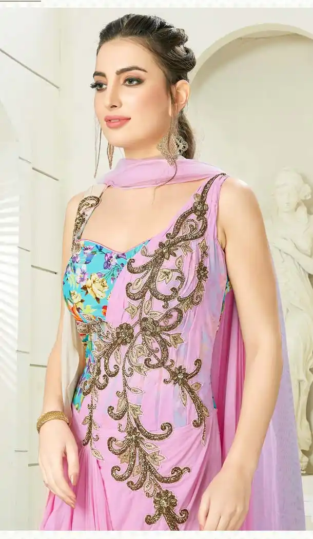 Pink Blue Color Net Printed Silk Designer Readymade Salwar Kameez -641380181