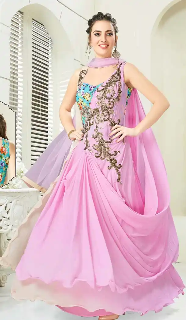 Pink Blue Color Net Printed Silk Designer Readymade Salwar Kameez -641380181