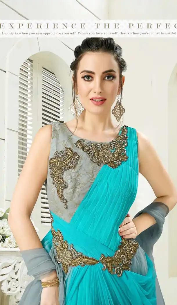 Grey Firozi Color Silk Designer Readymade Salwar Kameez -641380184