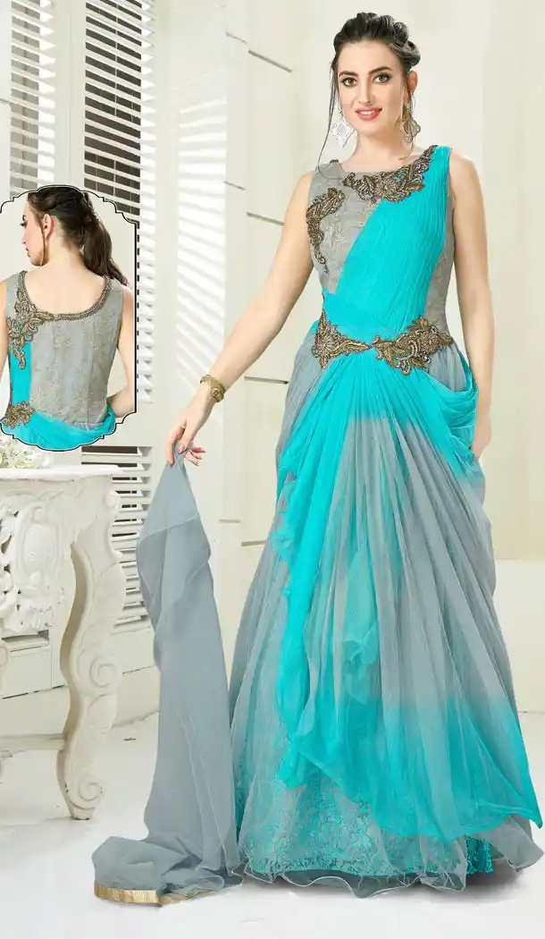 Grey Firozi Color Silk Designer Readymade Salwar Kameez -641380184