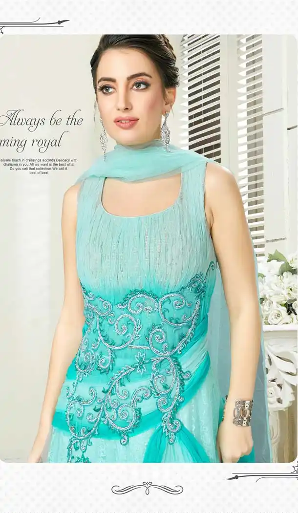 Firozi Color Net Silk Designer Readymade Salwar Kameez -641380187