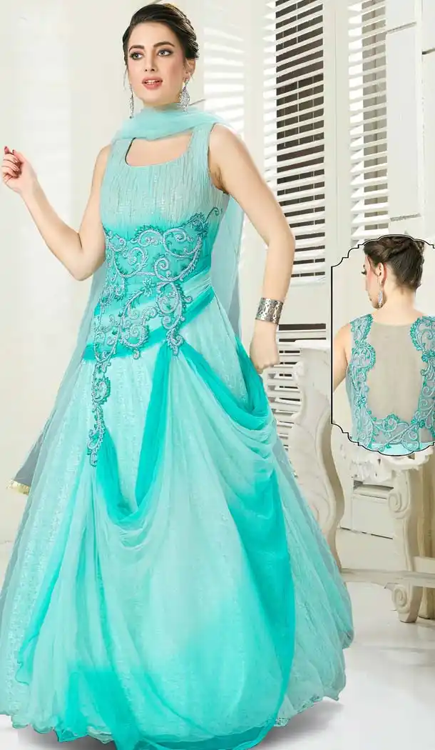 Firozi Color Net Silk Designer Readymade Salwar Kameez -641380187