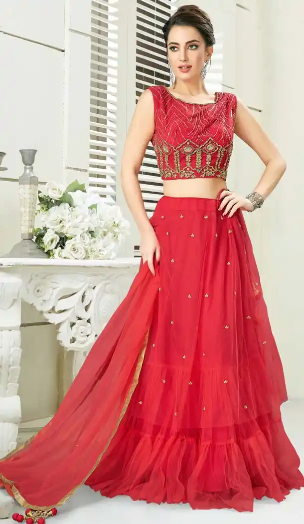 Tomato Red Color Silk Designer Readymade Lehenga Choli -641380188