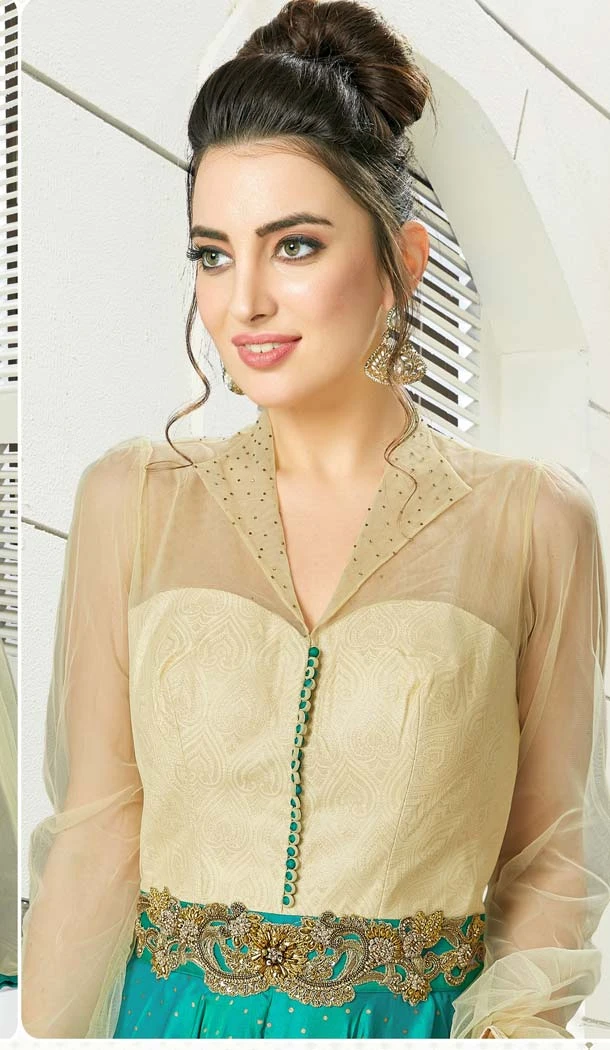 Gold Green Color Net Silk Designer Readymade Salwar Kameez -641380199