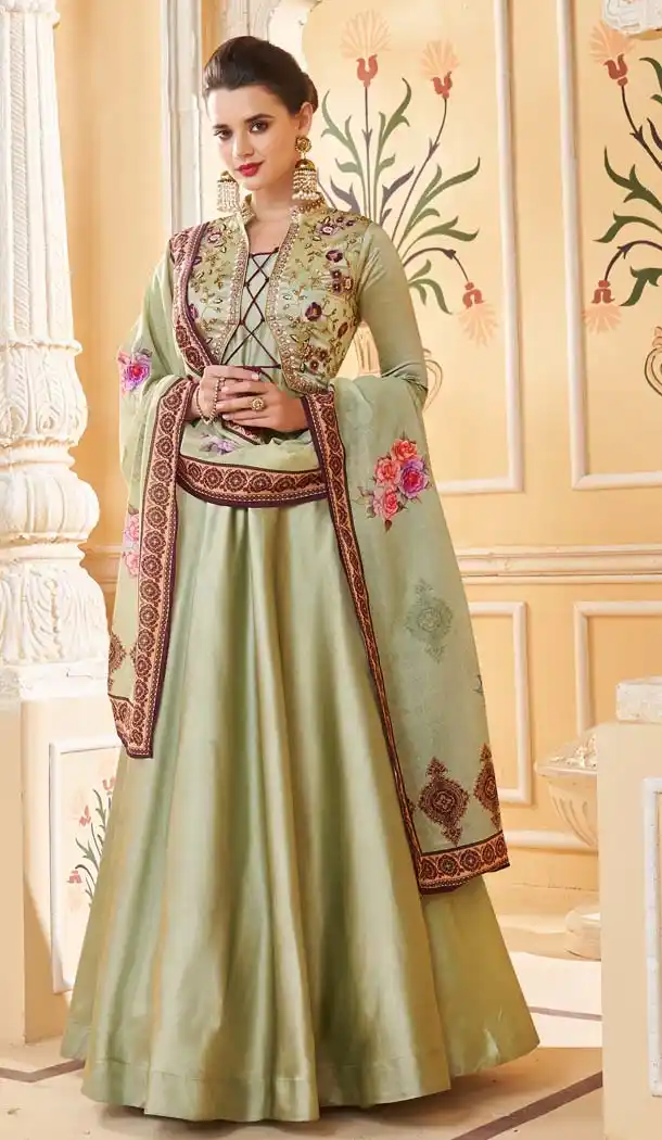 Mehendi Color Heavy Soft Silk Party Readymade Gown -639579940