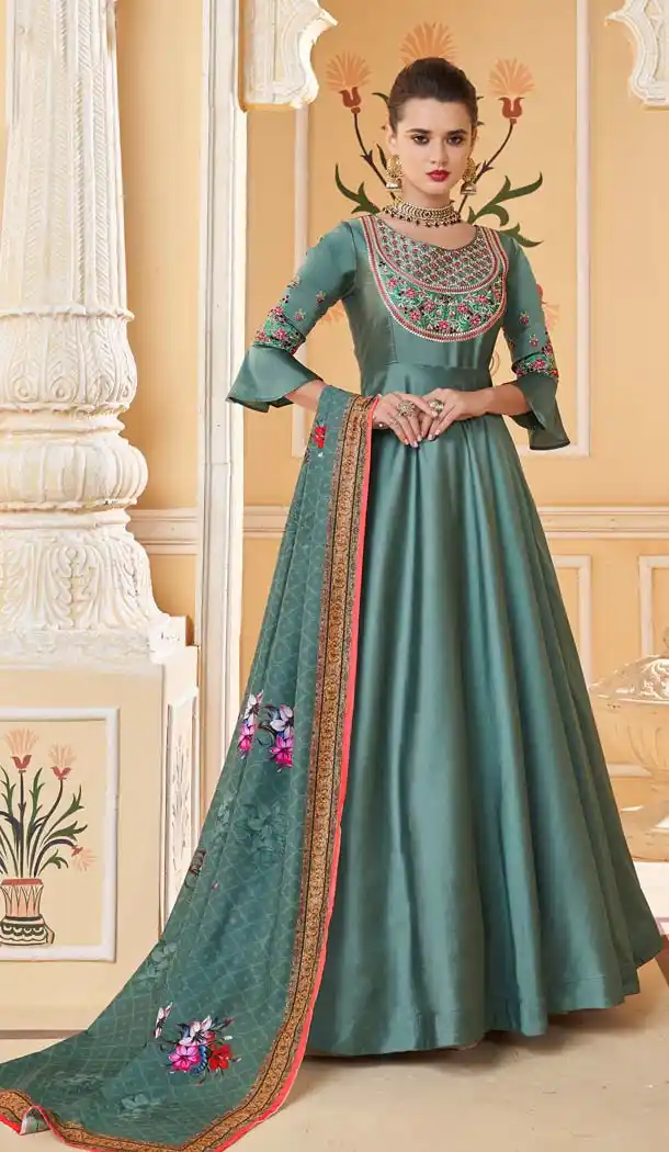 Steel Green Color Heavy Soft Silk Party Readymade Gown -639579941