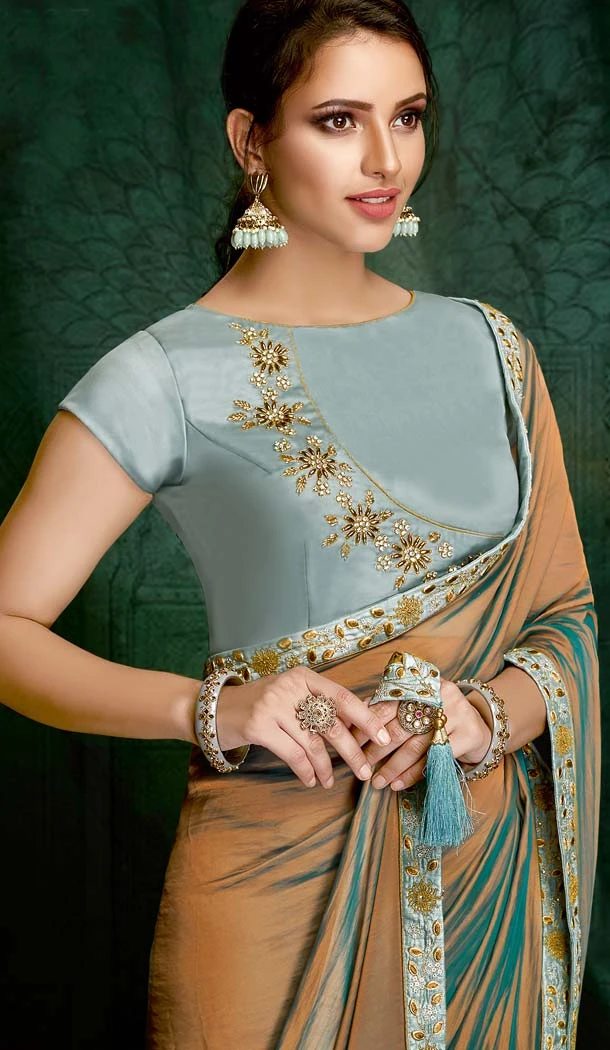 Chiku Blue Color Dual Tone Silk Georgette Designer Saree Blouse -640680083