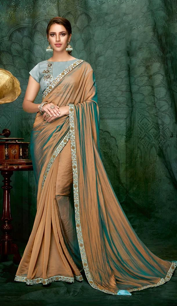 Chiku Blue Color Dual Tone Silk Georgette Designer Saree Blouse -640680083