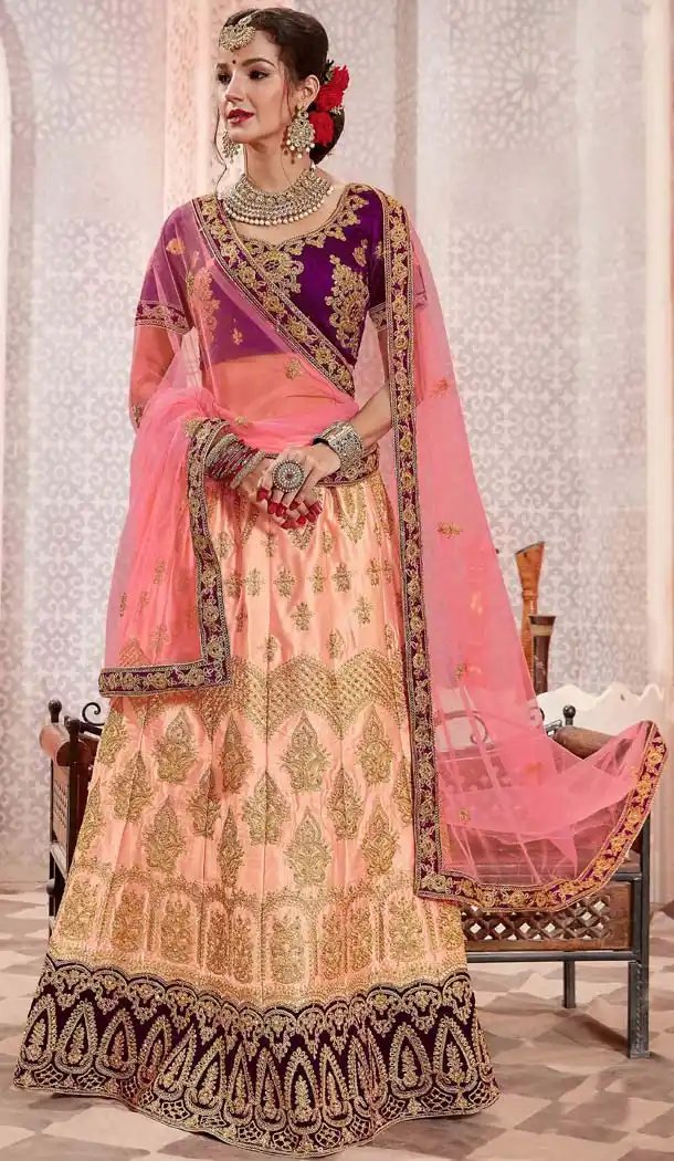 Peach Color Satin Silk Designer Plus Size Lehenga Choli -644980600