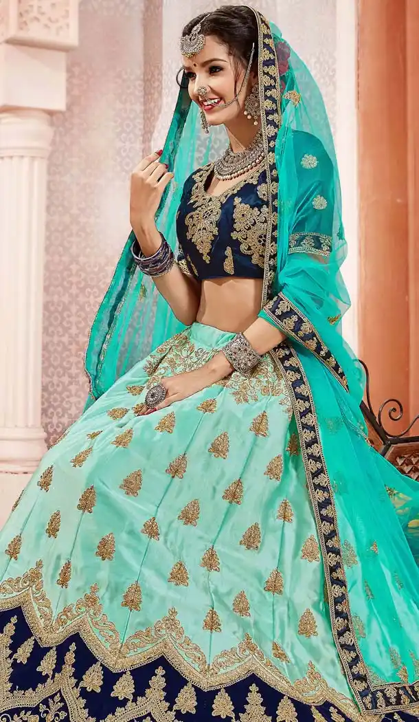 Aqua Green Color Satin Silk Designer Plus Size Lehenga Choli -644980603