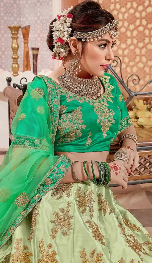 Pista Color Satin Silk Designer Plus Size Lehenga Choli -644980605