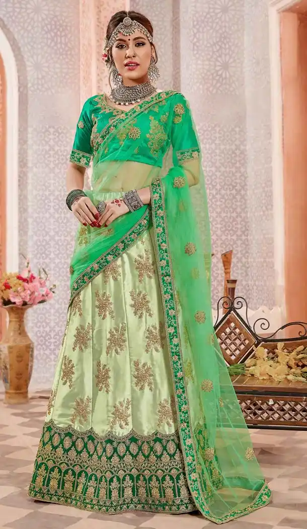 Pista Color Satin Silk Designer Plus Size Lehenga Choli -644980605