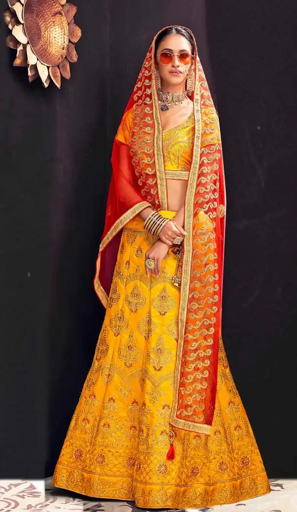 Yellow Color Banglori Silk Traditional Party Plus Size Lehenga Choli -645280626