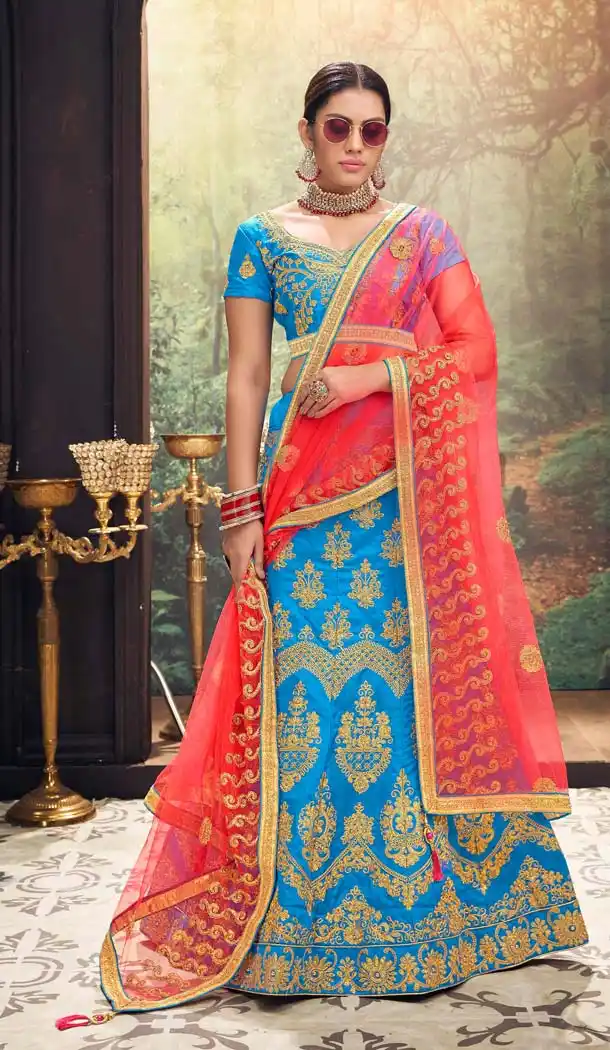 Sky Blue Color Banglori Silk Traditional Party Plus Size Lehenga Choli -645280627