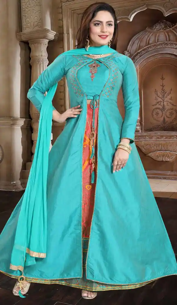 Sea Blue Color Bamboo Silk Designer Readymade Lehenga Suit -642680353