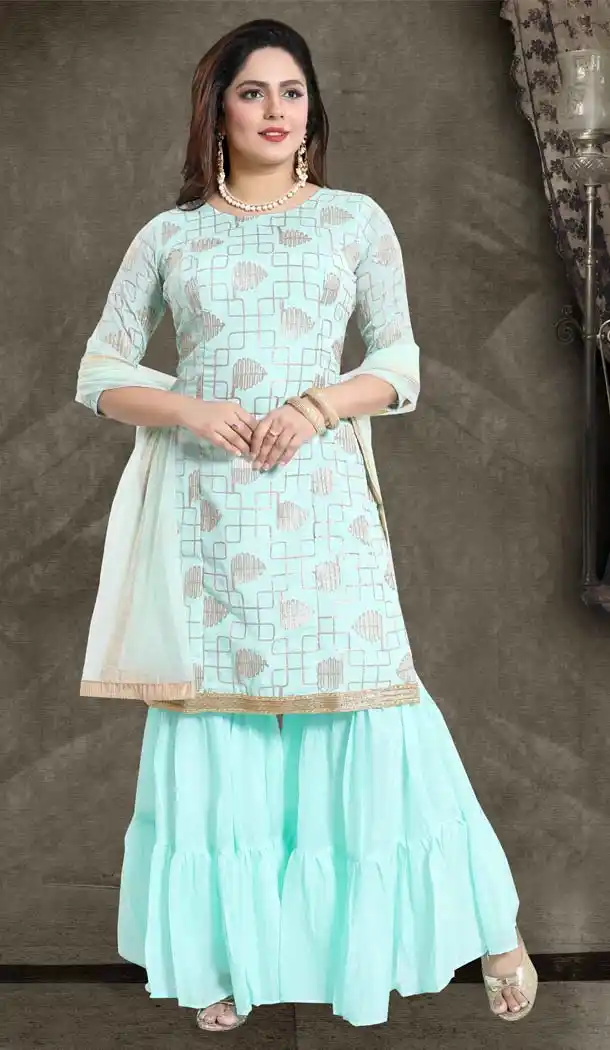 Aqua Blue Color Chinon Chiffon Designer Readymade Sharara Suit -642680354