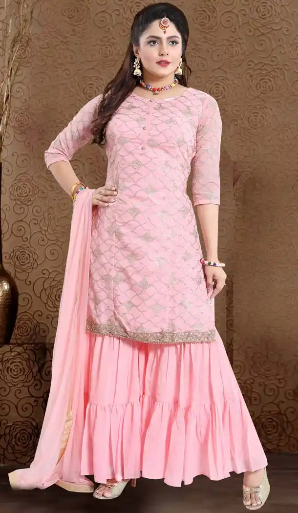Light Pink Color Chinon Chiffon Designer Readymade Sharara Suit -642680355