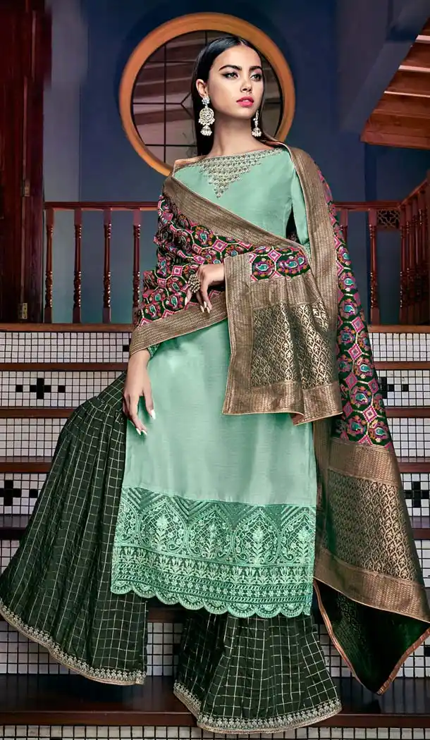Sea Green Color Tusser Silk Dyed Party Wear Sharara Salwar Suit -643180394