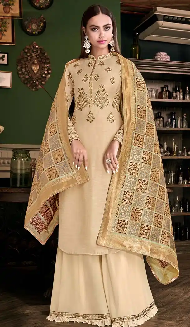 Beige Color Tusser Satin Party Wear Sharara Salwar Suit -643180396