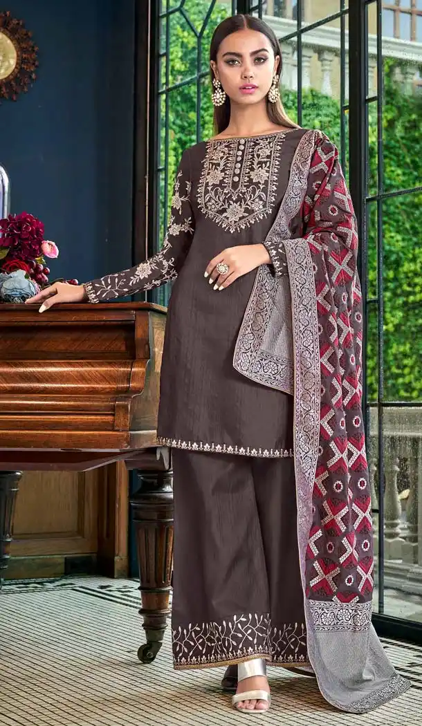 Brown Color Satin Slub Party Wear Sharara Salwar Suit -643180397