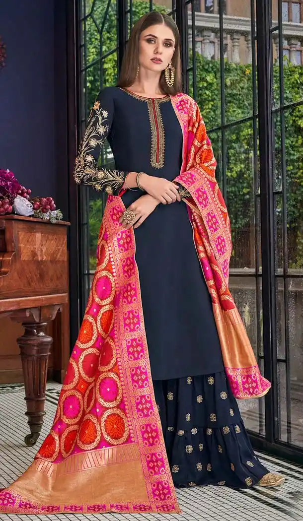 Navy Blue Color Russian Silk Party Wear Sharara Salwar Suit -643180398