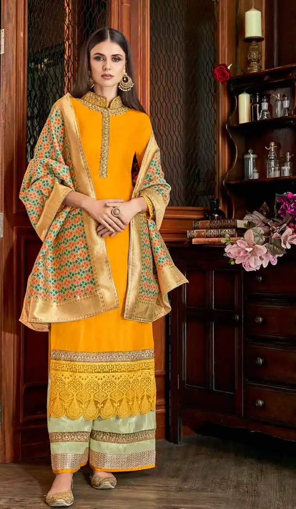 Yellow Color Olive Silk Party Wear Sharara Salwar Suit -643180399