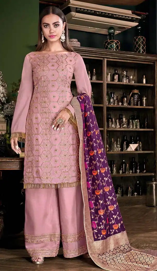 Baby Pink Color Tusser Satin Party Wear Sharara Salwar Suit -643180401