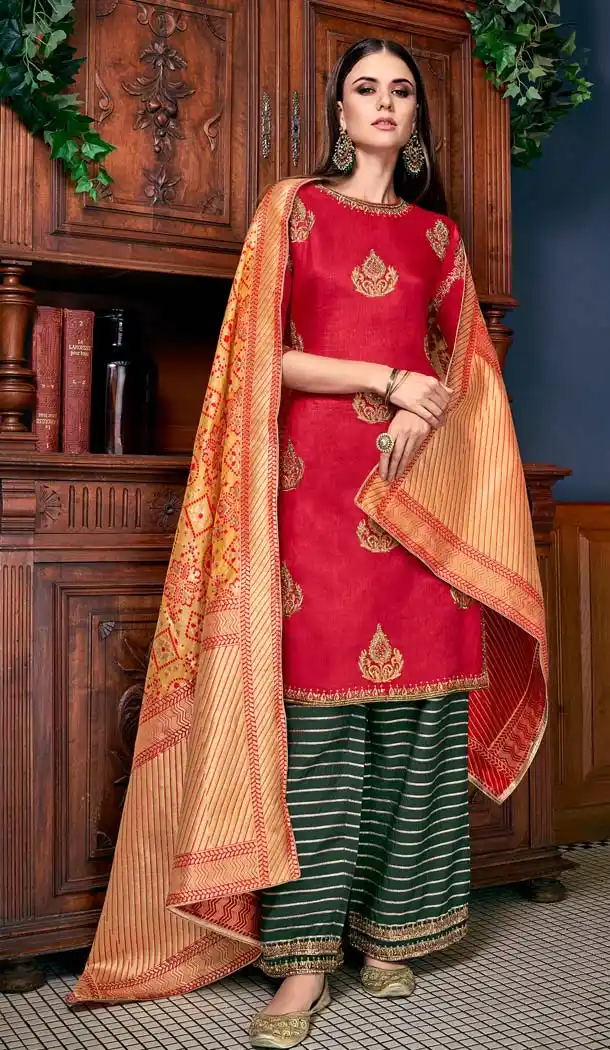 Red Color Olive Silk Party Wear Sharara Salwar Suit -643180403